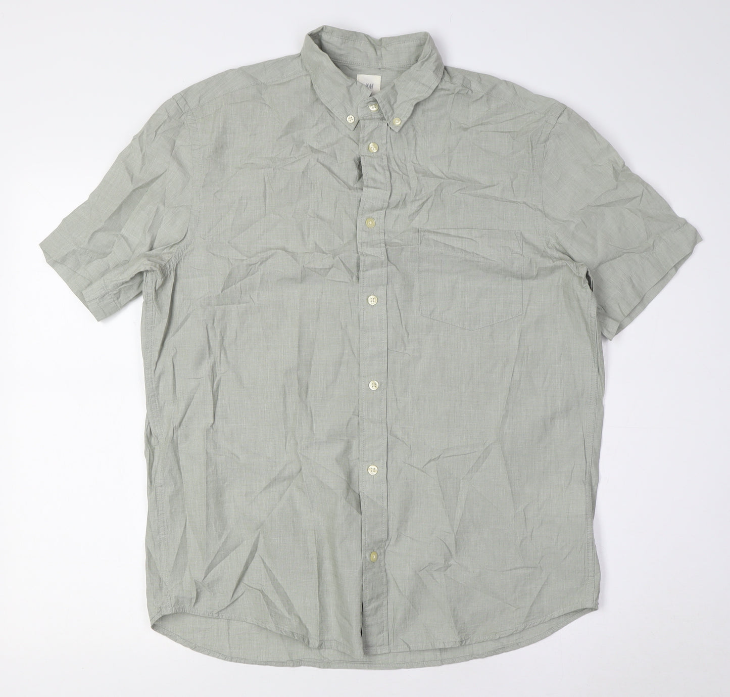 H&M Mens Green Cotton Button-Up Size M Collared Button - Button Down Collar