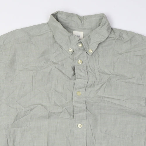 H&M Mens Green Cotton Button-Up Size M Collared Button - Button Down Collar