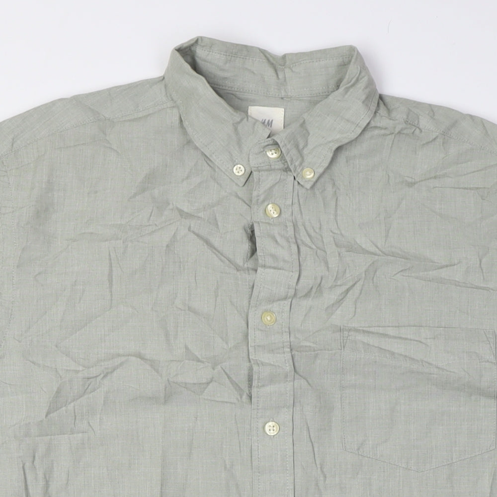 H&M Mens Green Cotton Button-Up Size M Collared Button - Button Down Collar