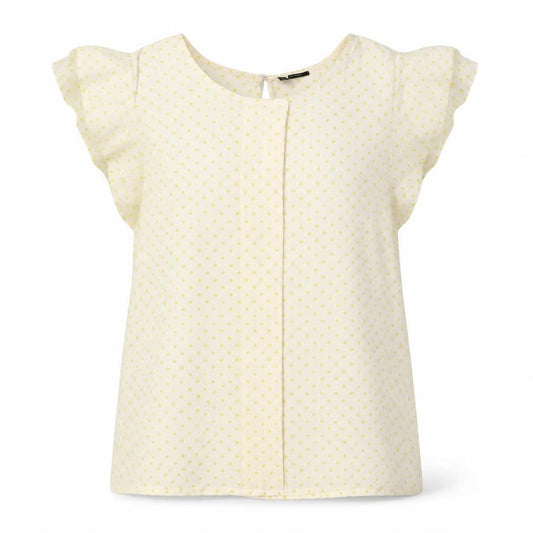 Front view of United Colors of Benetton women’s ivory polka dot polyester basic button-up, size M, round neck