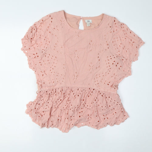 River Island Womens Pink Viscose Basic Blouse Size 8 Scoop Neck - Broderie Anglaise