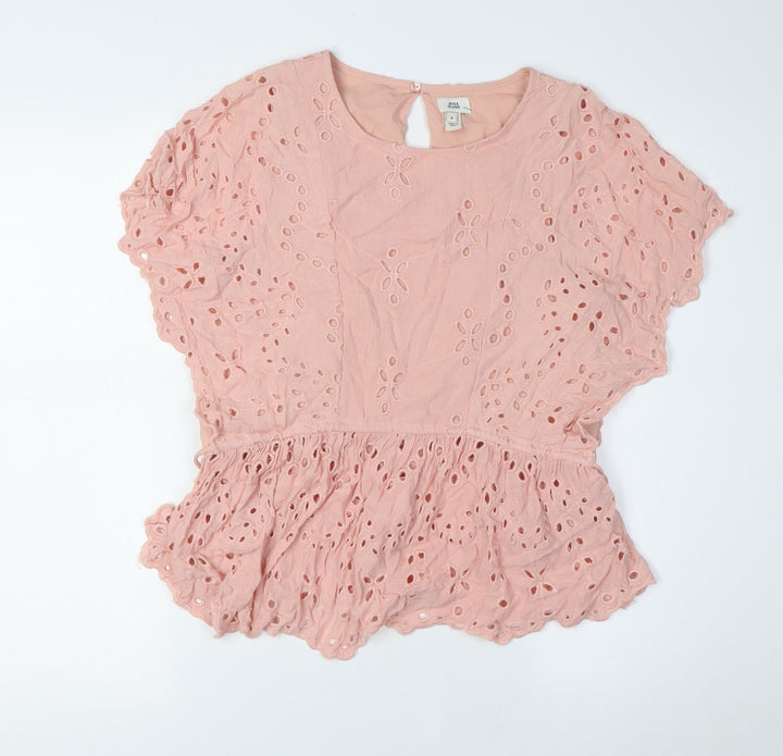 River Island Womens Pink Viscose Basic Blouse Size 8 Scoop Neck - Broderie Anglaise