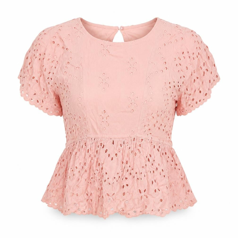 Front view of River Island women’s pink viscose basic blouse, size UK 8, scoop neck - broderie anglaise