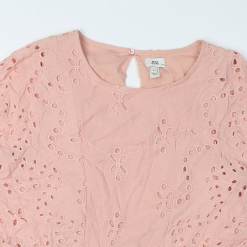 River Island Womens Pink Viscose Basic Blouse Size 8 Scoop Neck - Broderie Anglaise