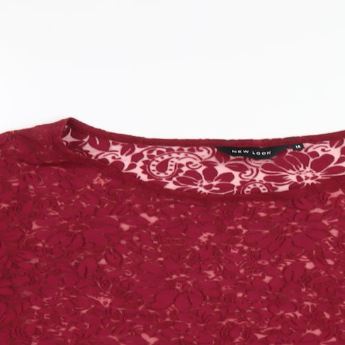 New Look Womens Red Floral Viscose Basic T-Shirt Size 14 Round Neck