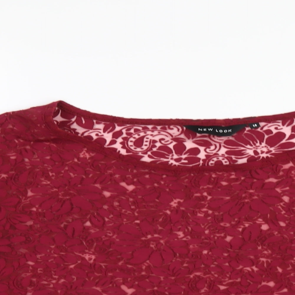 New Look Womens Red Floral Viscose Basic T-Shirt Size 14 Round Neck