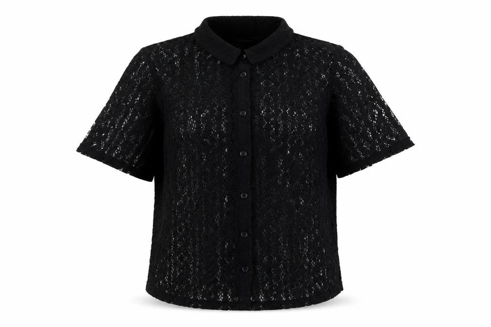 Front view of Golddigga women’s black polyester basic button-up, size UK 10, collared