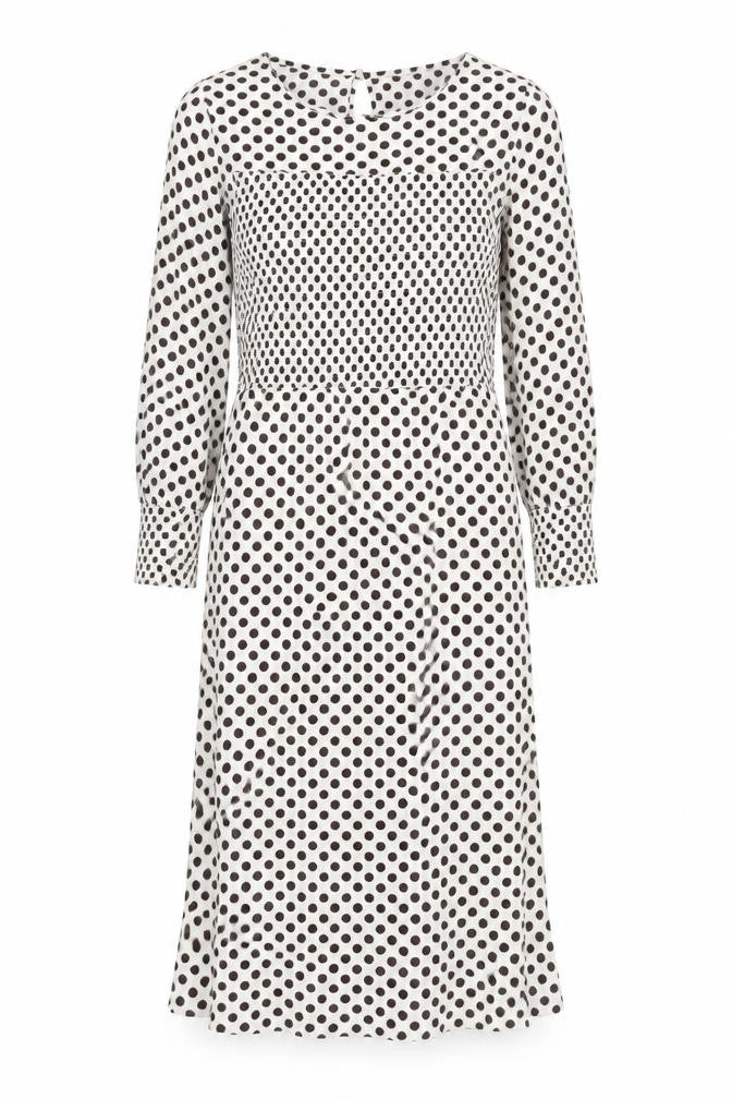 Front view of Next women’s ivory polka dot viscose a-line, size UK 8, boat neck button