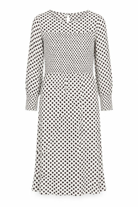 Front view of Next women’s ivory polka dot viscose a-line, size UK 8, boat neck button
