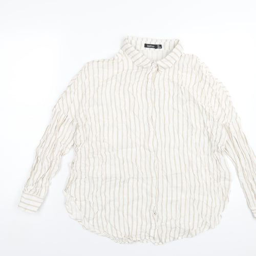 Boohoo Womens Ivory Striped Viscose Basic Button-Up Size 8 Collared