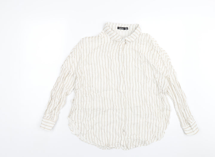 Boohoo Womens Ivory Striped Viscose Basic Button-Up Size 8 Collared