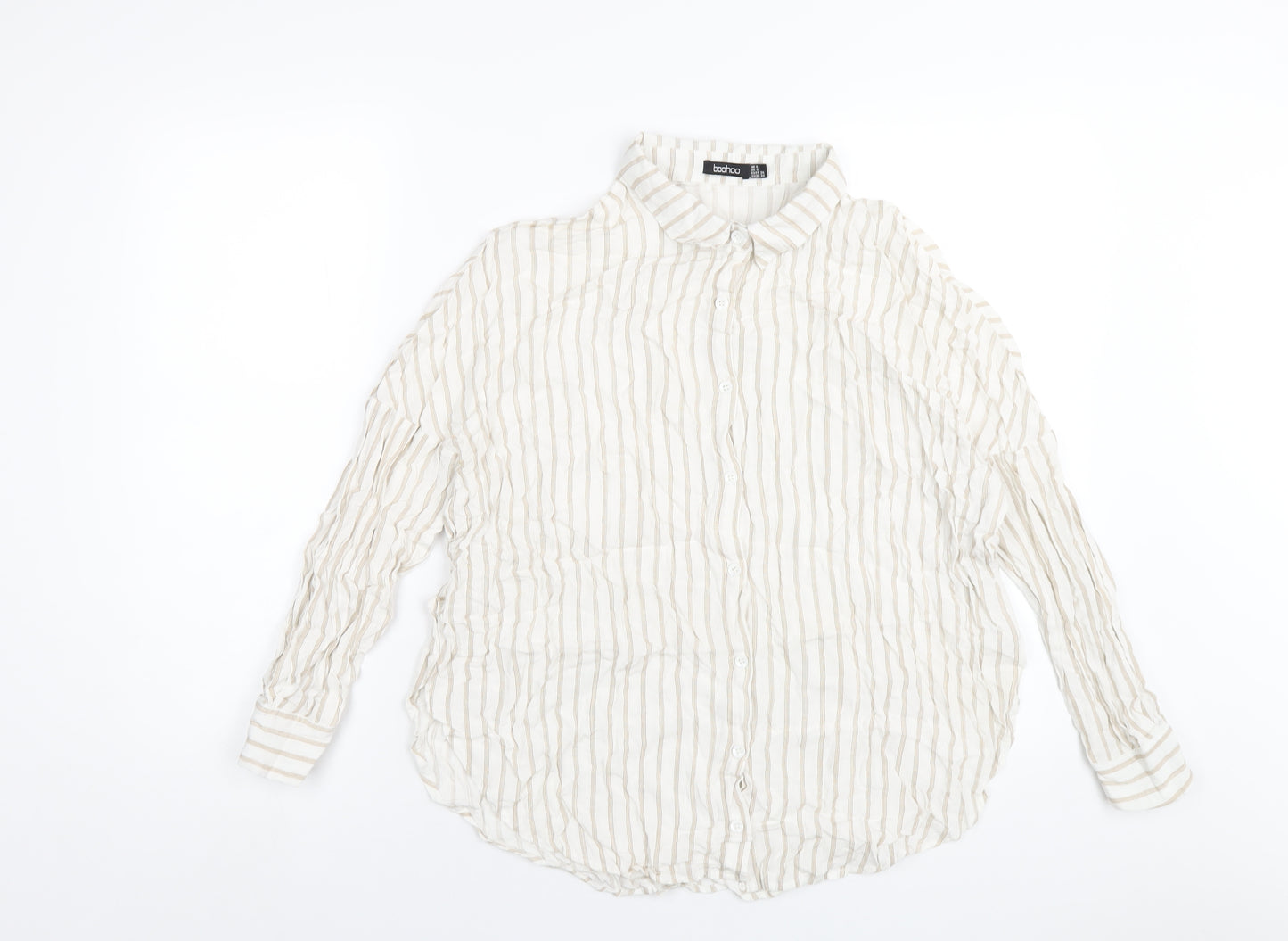 Boohoo Womens Ivory Striped Viscose Basic Button-Up Size 8 Collared