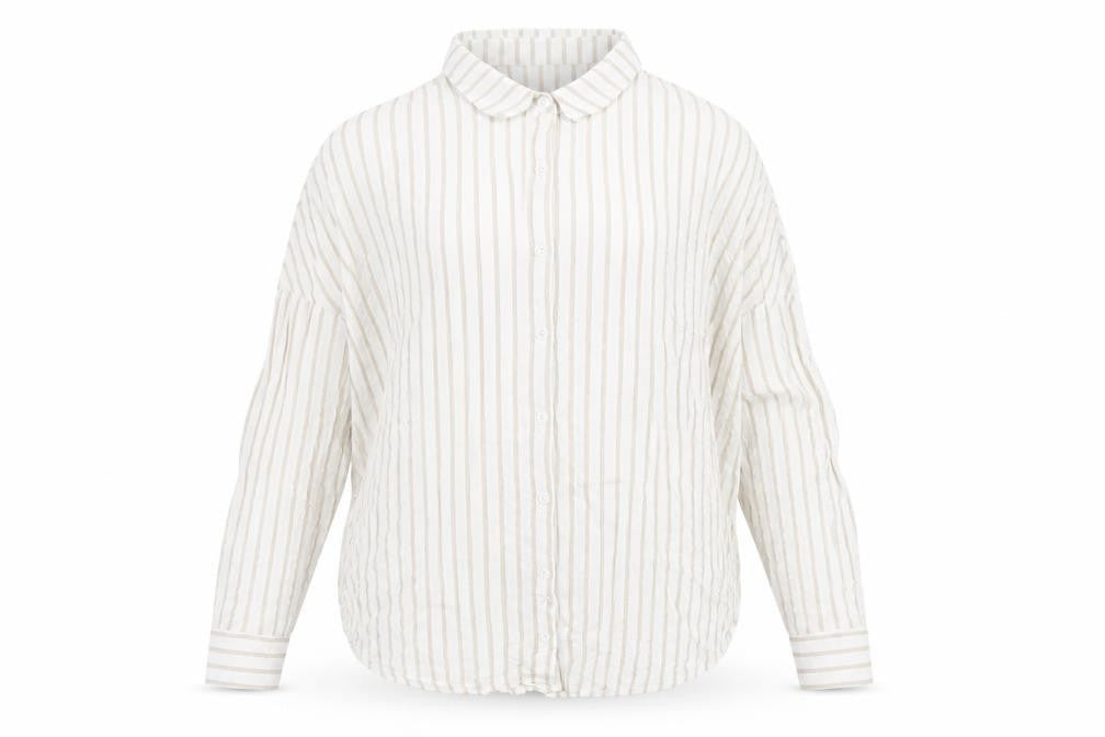 Front view of Boohoo women’s ivory striped viscose basic button-up, size UK 8, collared