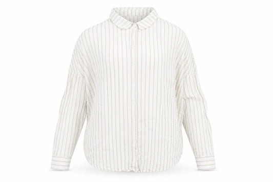Front view of Boohoo women’s ivory striped viscose basic button-up, size UK 8, collared