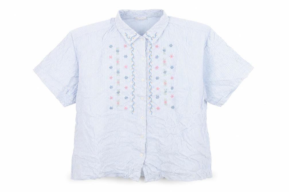 Front view of Essence women’s blue striped cotton basic button-up, size UK 30, collared