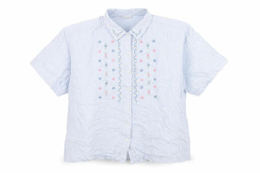 Front view of Essence women’s blue striped cotton basic button-up, size UK 30, collared