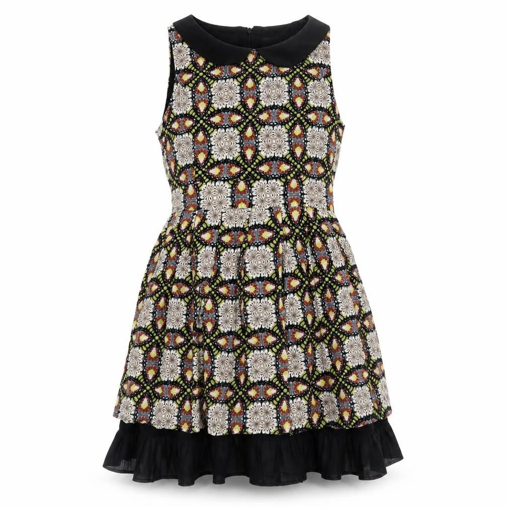 Front view of Yumi women’s multicoloured geometric polyester a-line, size UK 12, round neck zip