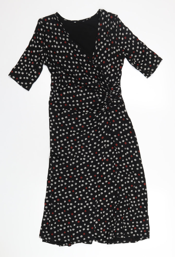 Marks and Spencer Womens Black Polka Dot Viscose A-Line Size 12 V-Neck Pullover