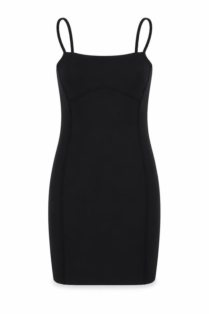 Front view of PRETTYLITTLETHING women’s black polyester bodycon, size UK 10, square neck pullover