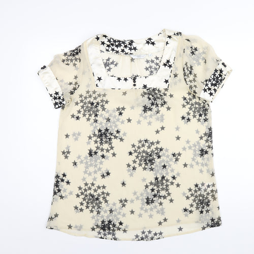 New Look Womens Ivory Geometric Polyester Basic T-Shirt Size 14 Square Neck