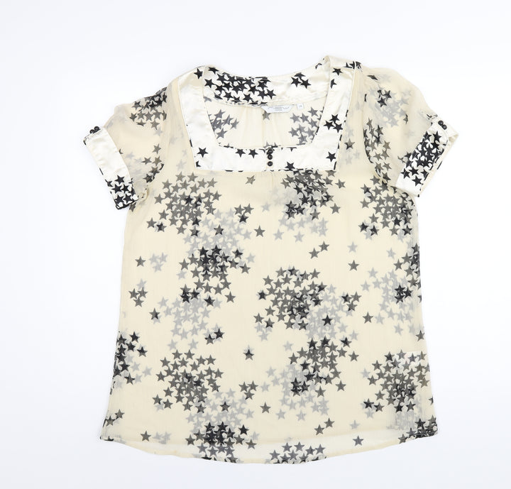 New Look Womens Ivory Geometric Polyester Basic T-Shirt Size 14 Square Neck