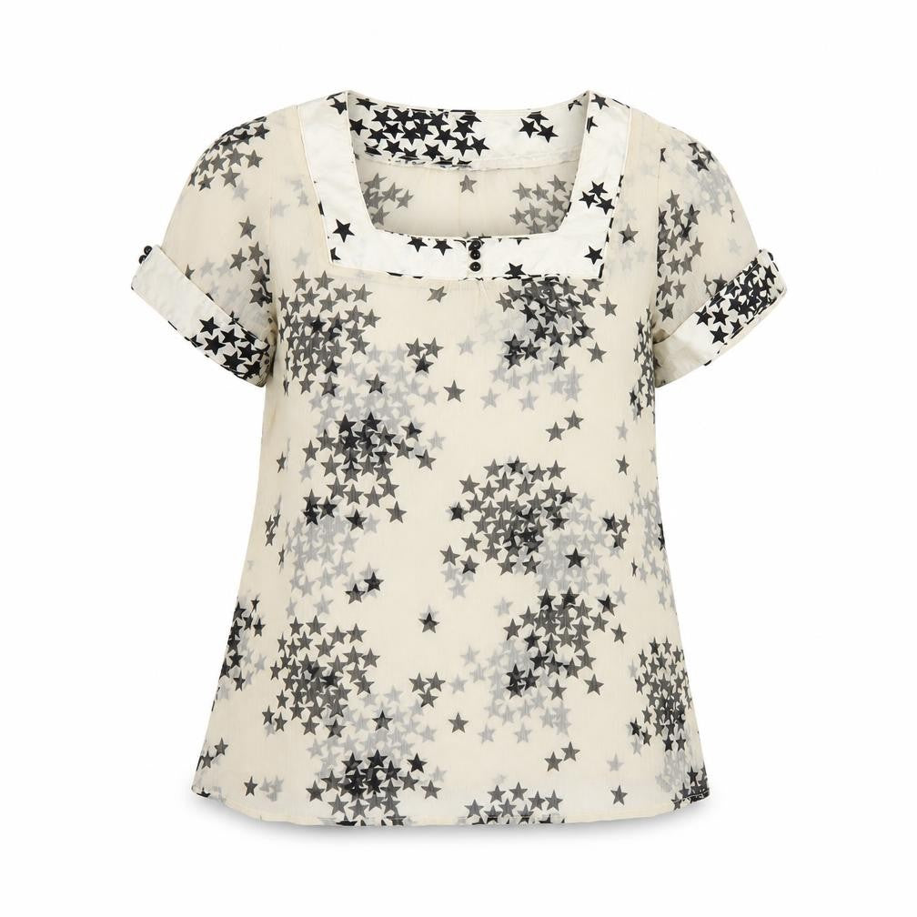 Front view of New Look women’s ivory geometric polyester basic t-shirt, size UK 14, square neck