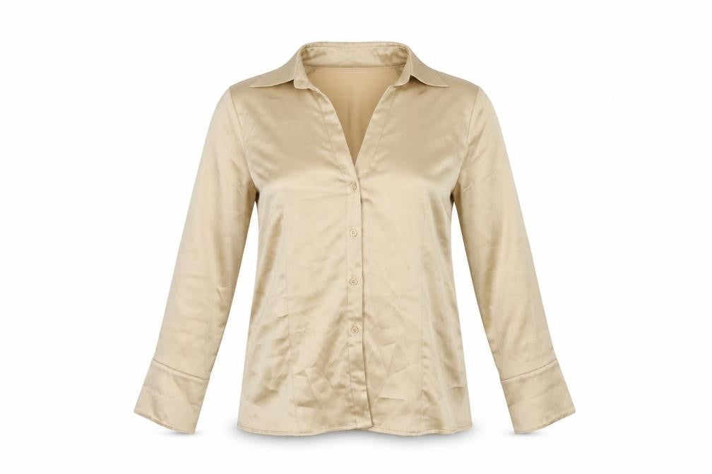 Front view of Offshoot women’s gold polyester basic button-up, size UK 12, collared