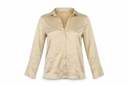 Front view of Offshoot women’s gold polyester basic button-up, size UK 12, collared