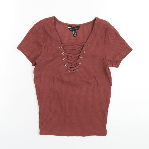 New Look Womens Brown Cotton Basic T-Shirt Size 10 V-Neck