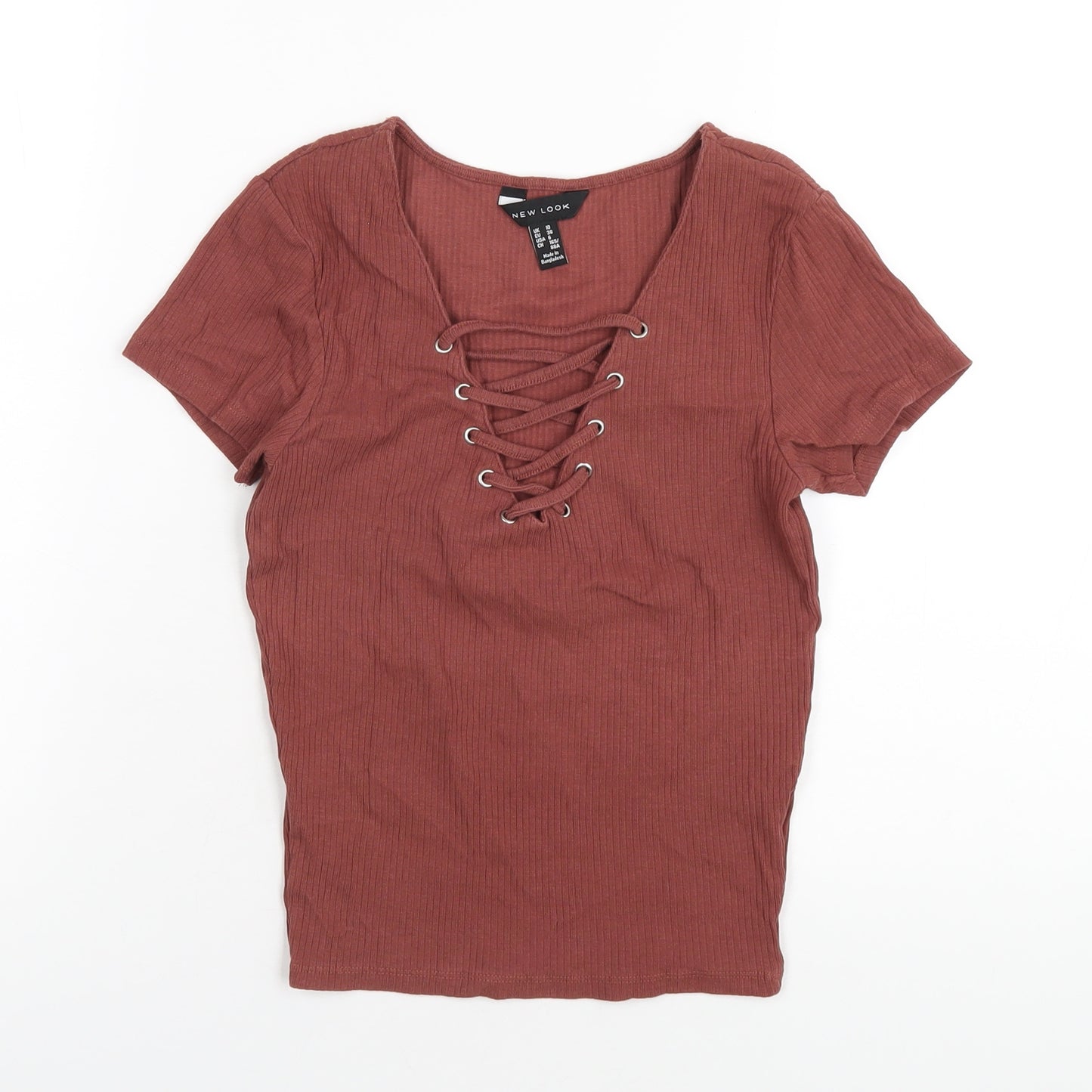 New Look Womens Brown Cotton Basic T-Shirt Size 10 V-Neck