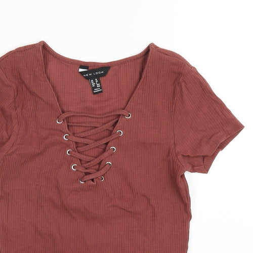 New Look Womens Brown Cotton Basic T-Shirt Size 10 V-Neck