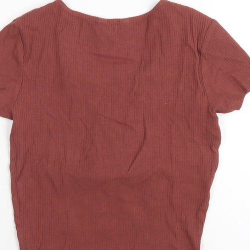 New Look Womens Brown Cotton Basic T-Shirt Size 10 V-Neck
