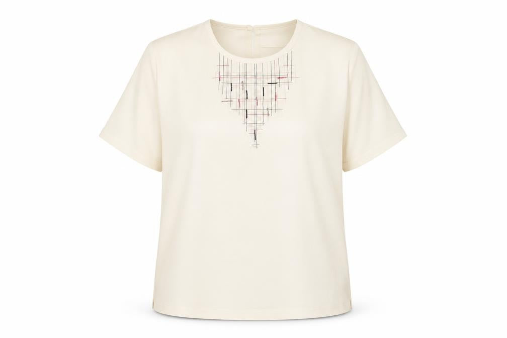 Front view of ELVI women’s ivory polyester basic t-shirt, size UK 16, round neck