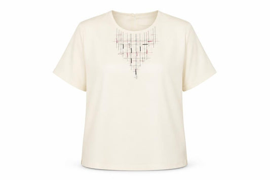 Front view of ELVI women’s ivory polyester basic t-shirt, size UK 16, round neck