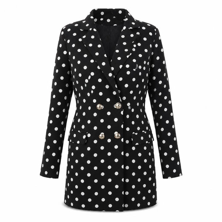 Front view of I SAW IT FIRST women’s black polka dot polyester jacket dress, size UK 6, collared button