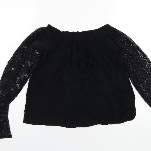 Marks and Spencer Womens Black Viscose Basic T-Shirt Size 10 Boat Neck - Lace Sleeves