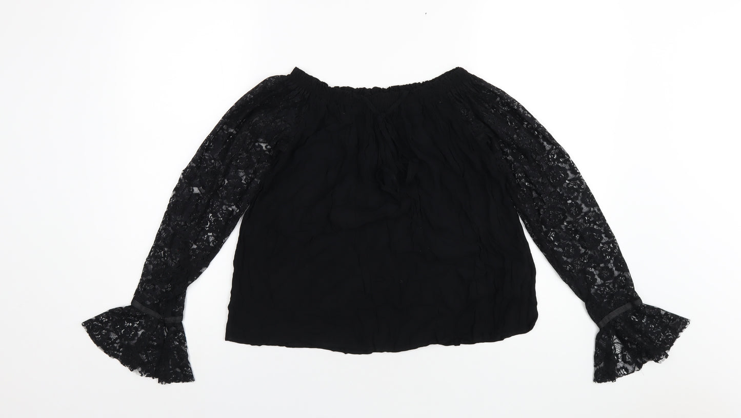 Marks and Spencer Womens Black Viscose Basic T-Shirt Size 10 Boat Neck - Lace Sleeves