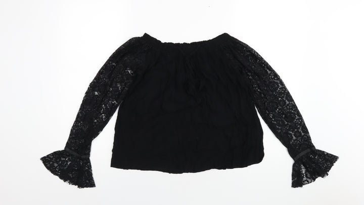 Marks and Spencer Womens Black Viscose Basic T-Shirt Size 10 Boat Neck - Lace Sleeves