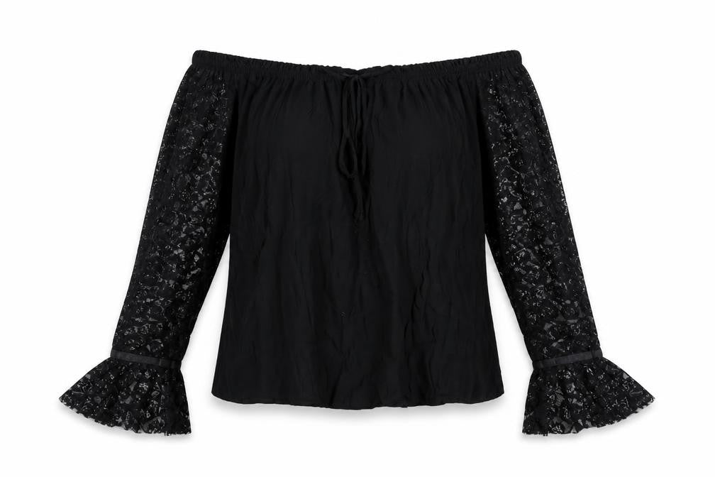 Marks and Spencer Womens Black Viscose Basic T-Shirt Size 10 Boat Neck - Lace Sleeves