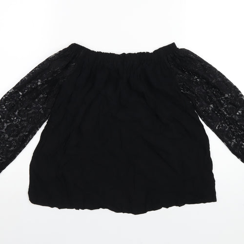 Marks and Spencer Womens Black Viscose Basic T-Shirt Size 10 Boat Neck - Lace Sleeves