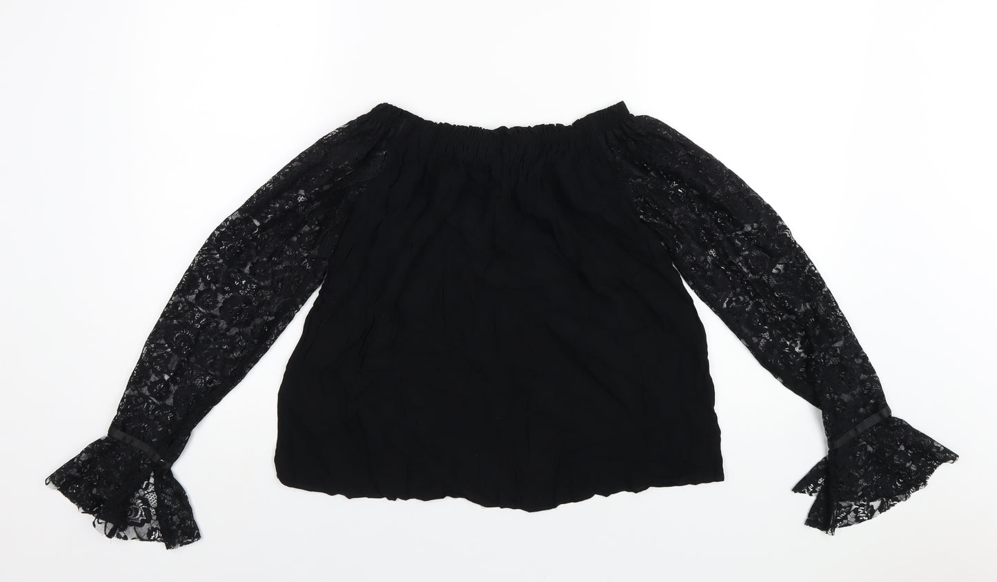 Marks and Spencer Womens Black Viscose Basic T-Shirt Size 10 Boat Neck - Lace Sleeves
