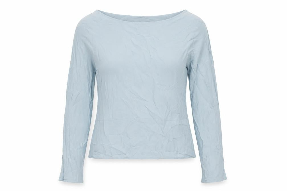 Front view of Marks & Spencer women’s blue viscose basic t-shirt, size UK 6, round neck