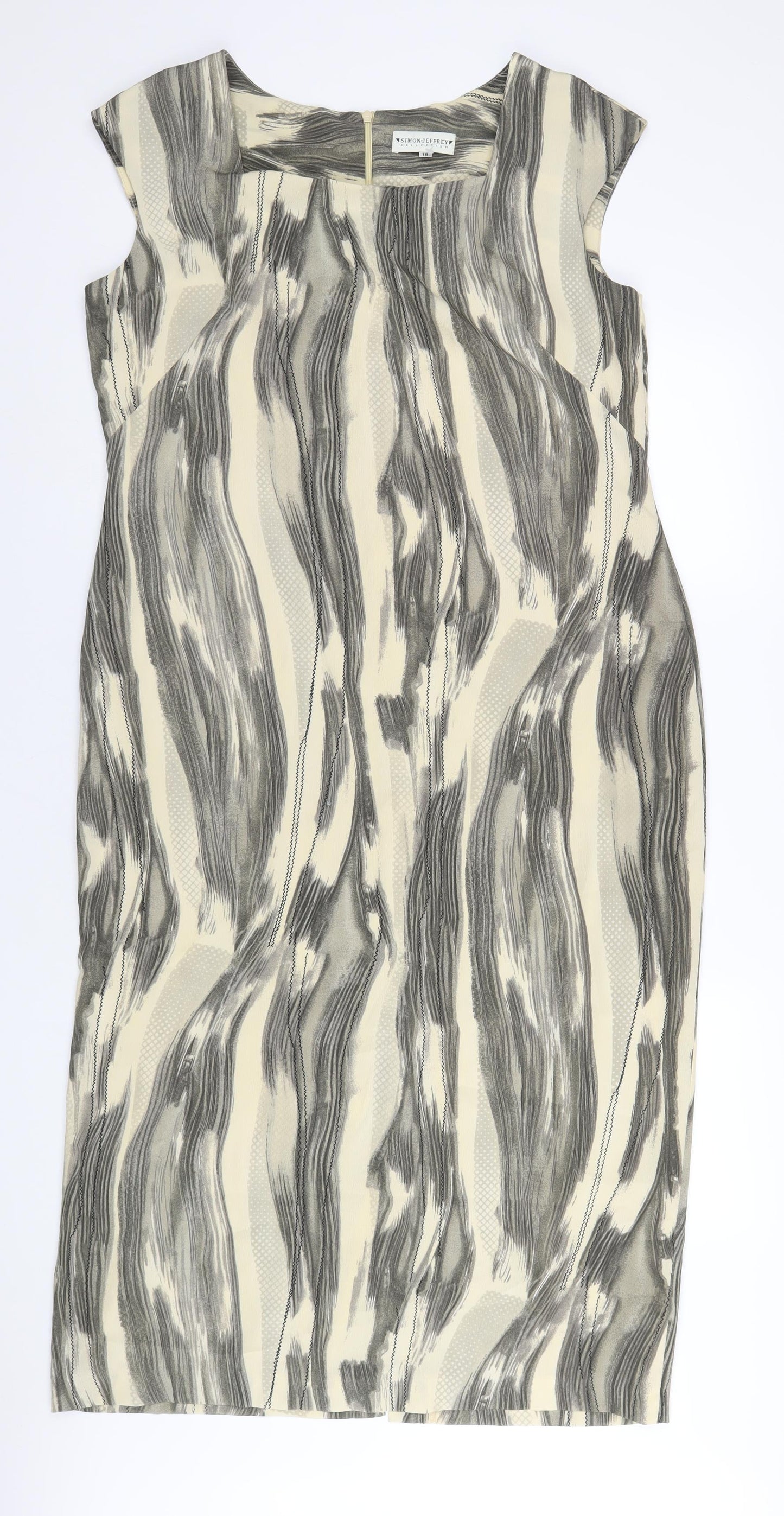 Simon Jeffrey Womens Beige Geometric Polyester A-Line Size 18 Square Neck Zip