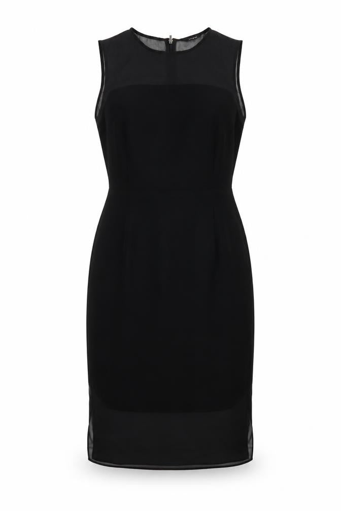Front view of Autograph women’s black polyester pencil dress, size UK 10, round neck zip