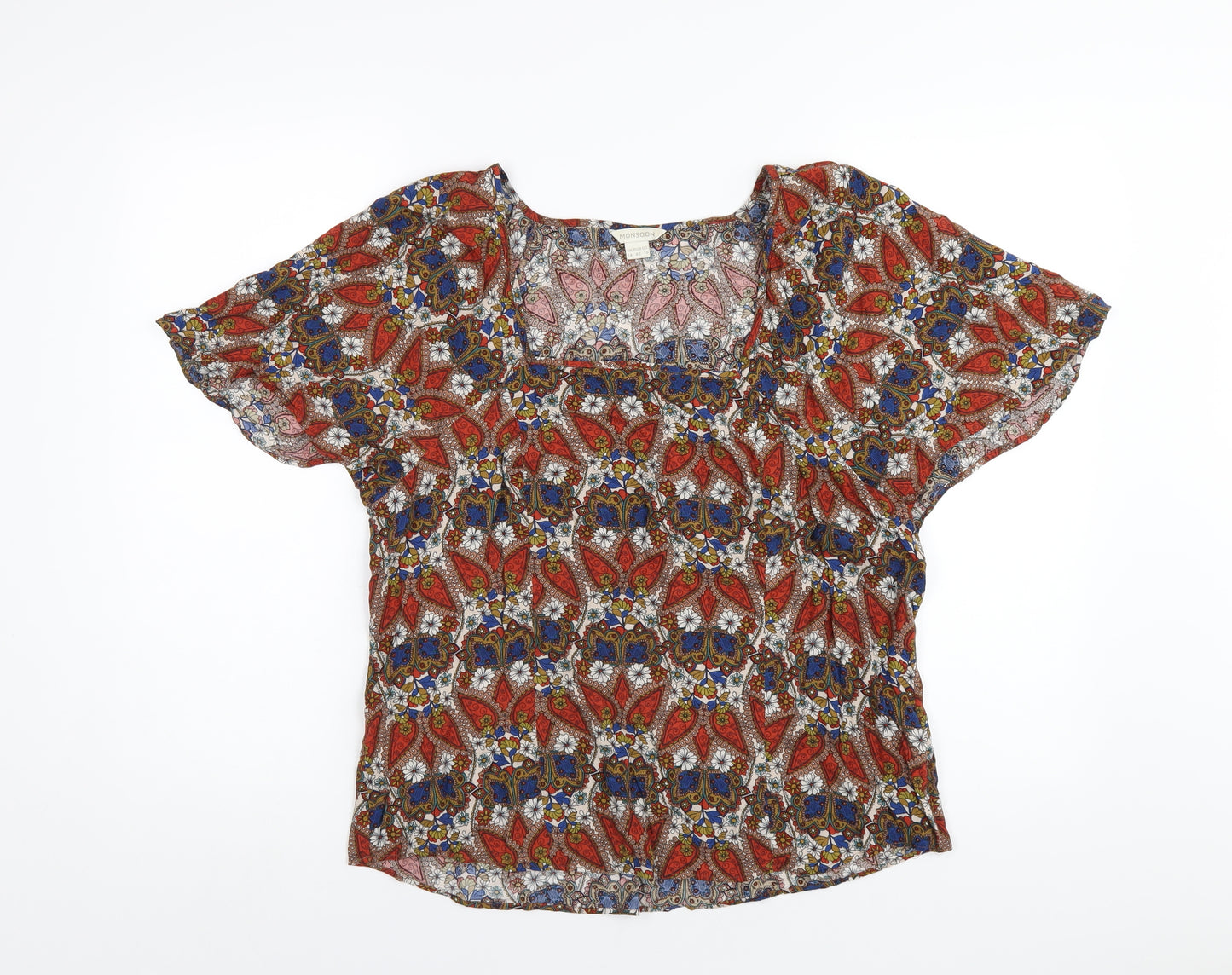 Monsoon Womens Multicoloured Geometric Viscose Basic T-Shirt Size 14 Square Neck