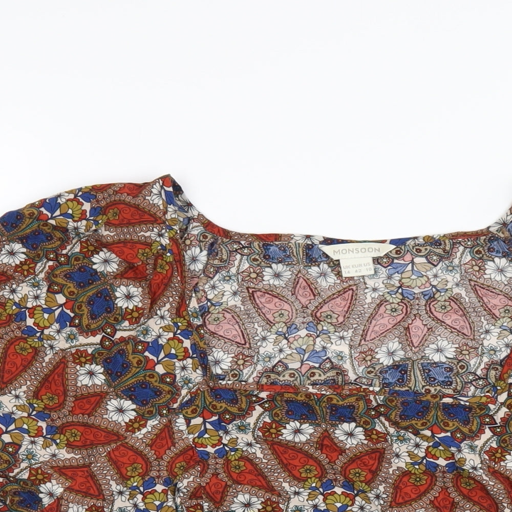 Monsoon Womens Multicoloured Geometric Viscose Basic T-Shirt Size 14 Square Neck