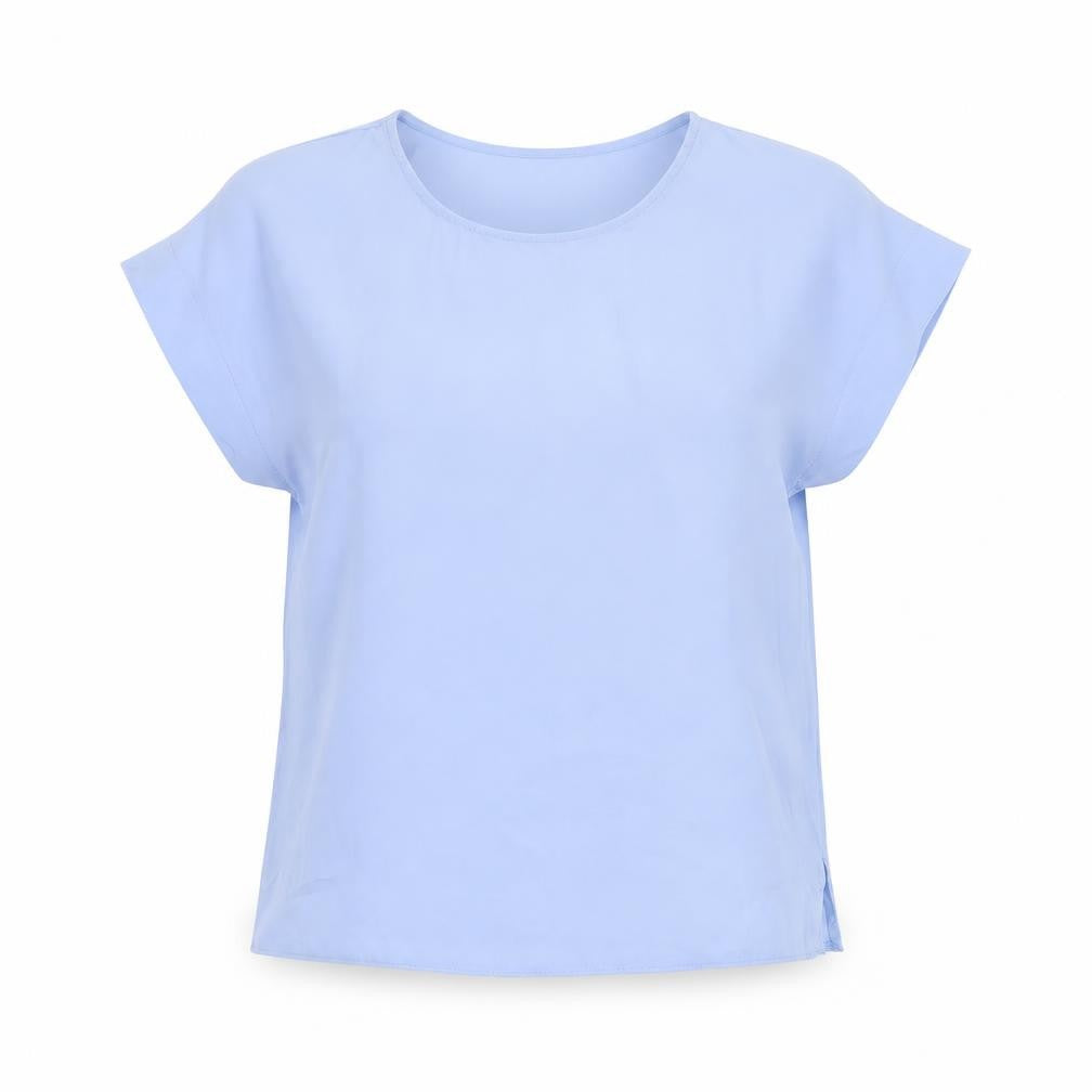Front view of New Look women’s blue polyester basic t-shirt, size UK 6, round neck