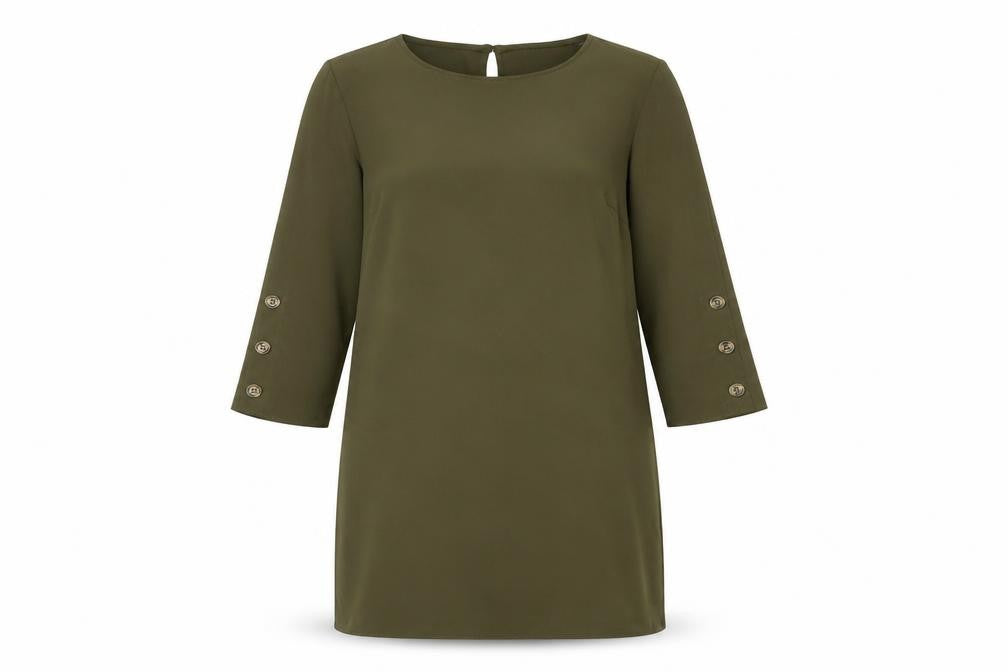 Front view of Dorothy Perkins women’s green polyester a-line, size UK 12, round neck button