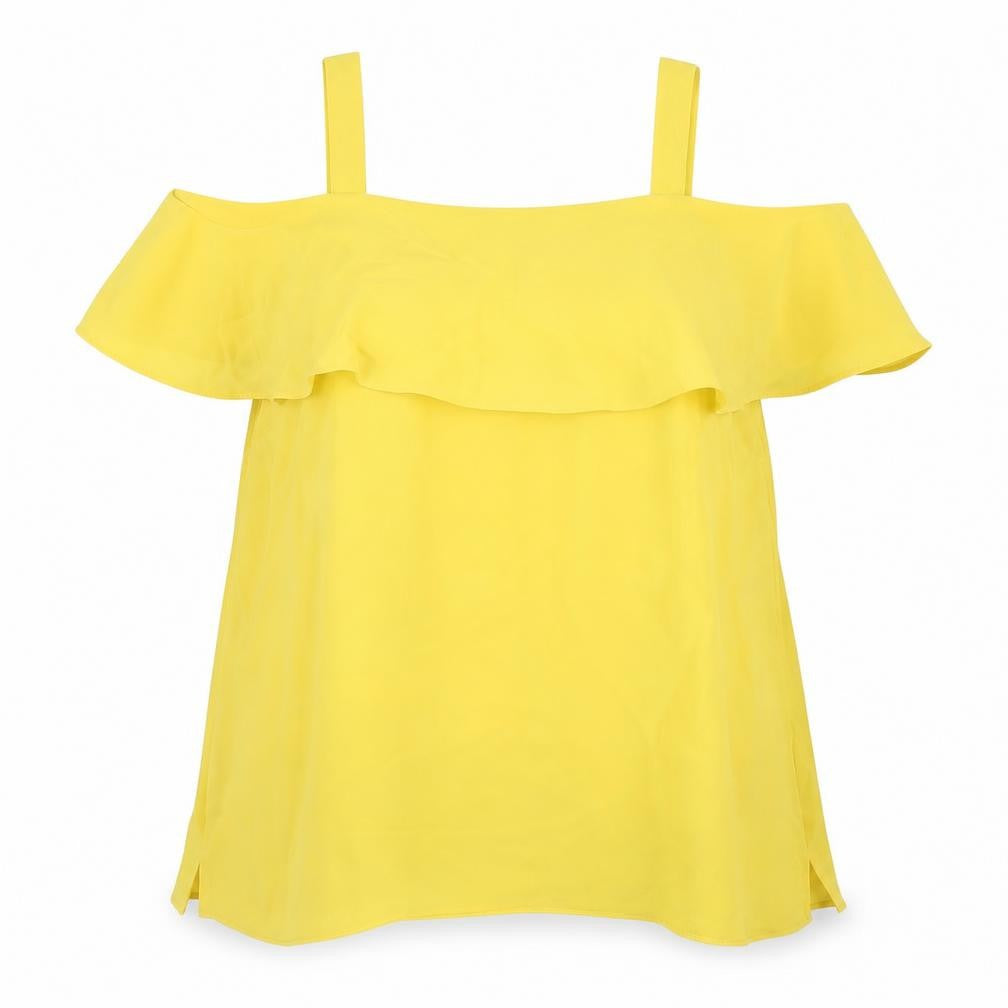 Front view of Dorothy Perkins women’s yellow polyester basic blouse, size UK 20, square neck