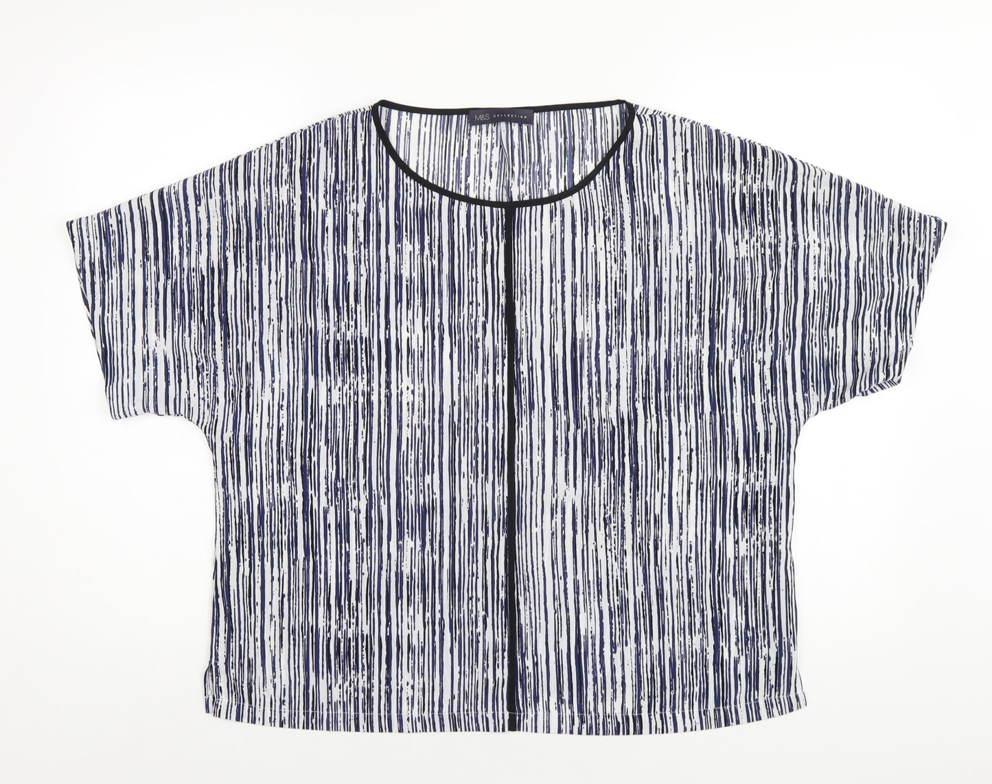 Marks and Spencer Womens Blue Geometric Polyester Basic T-Shirt Size 14 Round Neck
